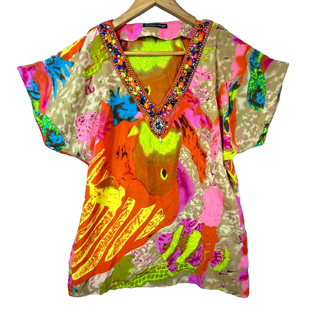 Madison‎ Paige Blouse Top Womens Small Dopamine Beaded V Neck Art To Wear Bright